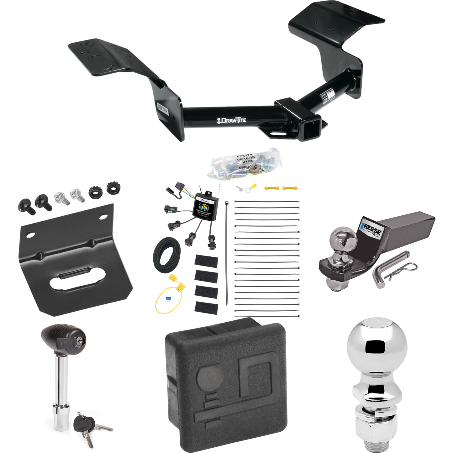 Fits 2004-2009 Cadillac SRX Trailer Hitch Tow PKG w/ 4-Flat Zero Contact "No Splice" Wiring + Starter Kit Ball Mount w/ 2" Drop & 2" Ball + 2-5/16" Ball + Wiring Bracket + Hitch Lock + Hitch Cover (Excludes: w/Sport Package Fascia Models) By Draw-Tit