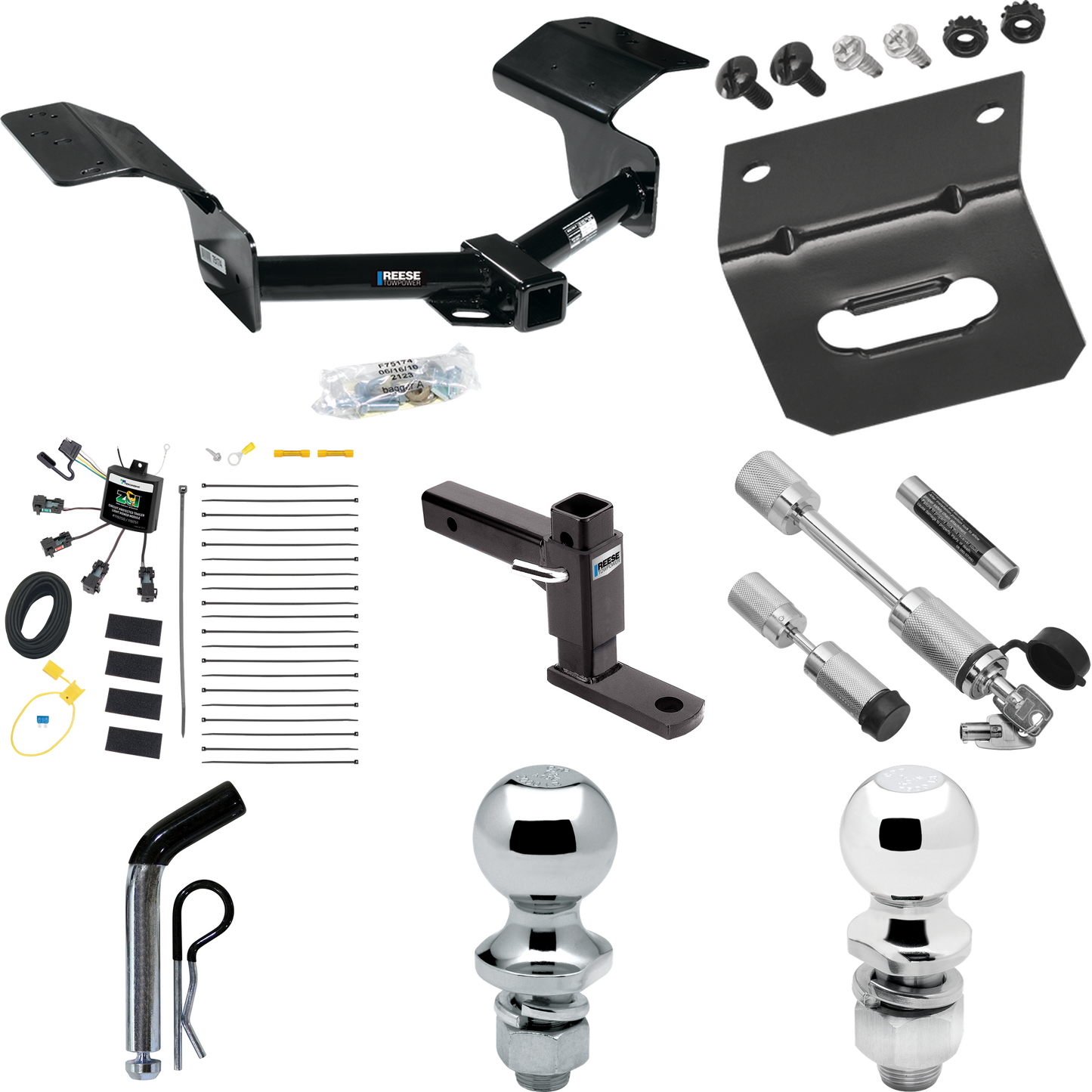 Fits 2004-2009 Cadillac SRX Trailer Hitch Tow PKG w/ 4-Flat Zero Contact "No Splice" Wiring Harness + Adjustable Drop Rise Ball Mount + Pin/Clip + 2" Ball + 1-7/8" Ball + Dual Hitch & Coupler Locks (Excludes: w/Sport Package Fascia Models) By Reese T