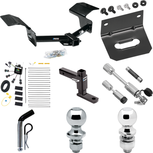 Fits 2004-2009 Cadillac SRX Trailer Hitch Tow PKG w/ 4-Flat Zero Contact "No Splice" Wiring Harness + Adjustable Drop Rise Ball Mount + Pin/Clip + 2" Ball + 1-7/8" Ball + Dual Hitch & Coupler Locks (Excludes: w/Sport Package Fascia Models) By Reese T