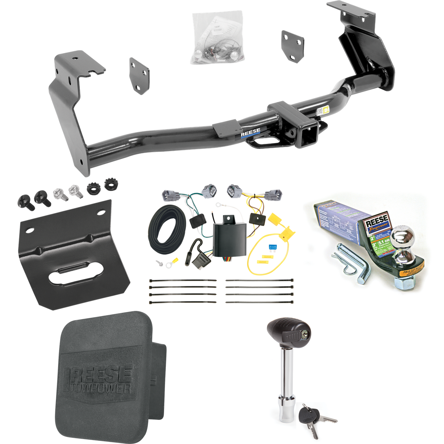 Fits 2014-2018 Jeep Cherokee Trailer Hitch Tow PKG w/ 4-Flat Wiring + Starter Kit Ball Mount w/ 2" Drop & 1-7/8" Ball + Wiring Bracket + Hitch Lock + Hitch Cover (For Trailhawk Models) By Reese Towpower