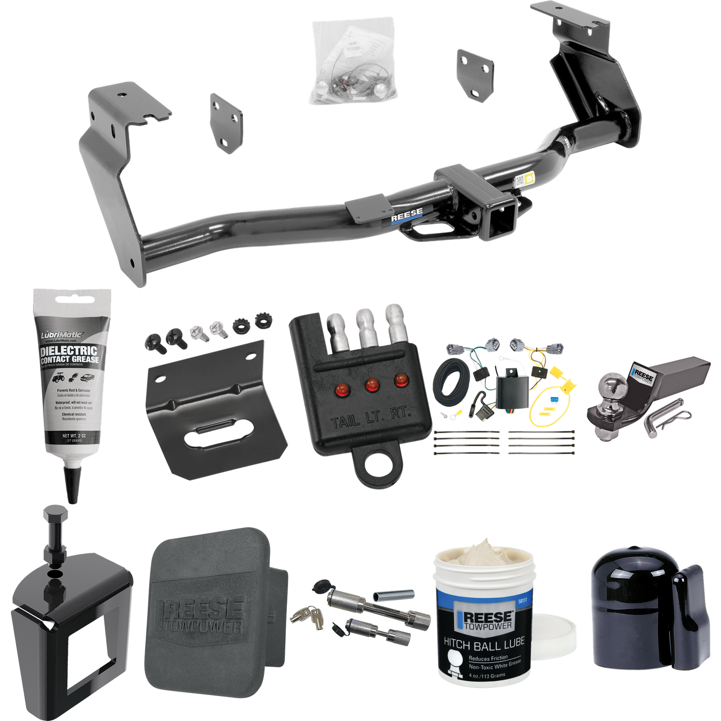 Fits 2014-2018 Jeep Cherokee Trailer Hitch Tow PKG w/ 4-Flat Wiring + Starter Kit Ball Mount w/ 2" Drop & 2" Ball + 1-7/8" Ball + Wiring Bracket + Dual Hitch & Coupler Locks + Hitch Cover + Wiring Tester + Ball Lube + Electric Grease + Ball Wrench +