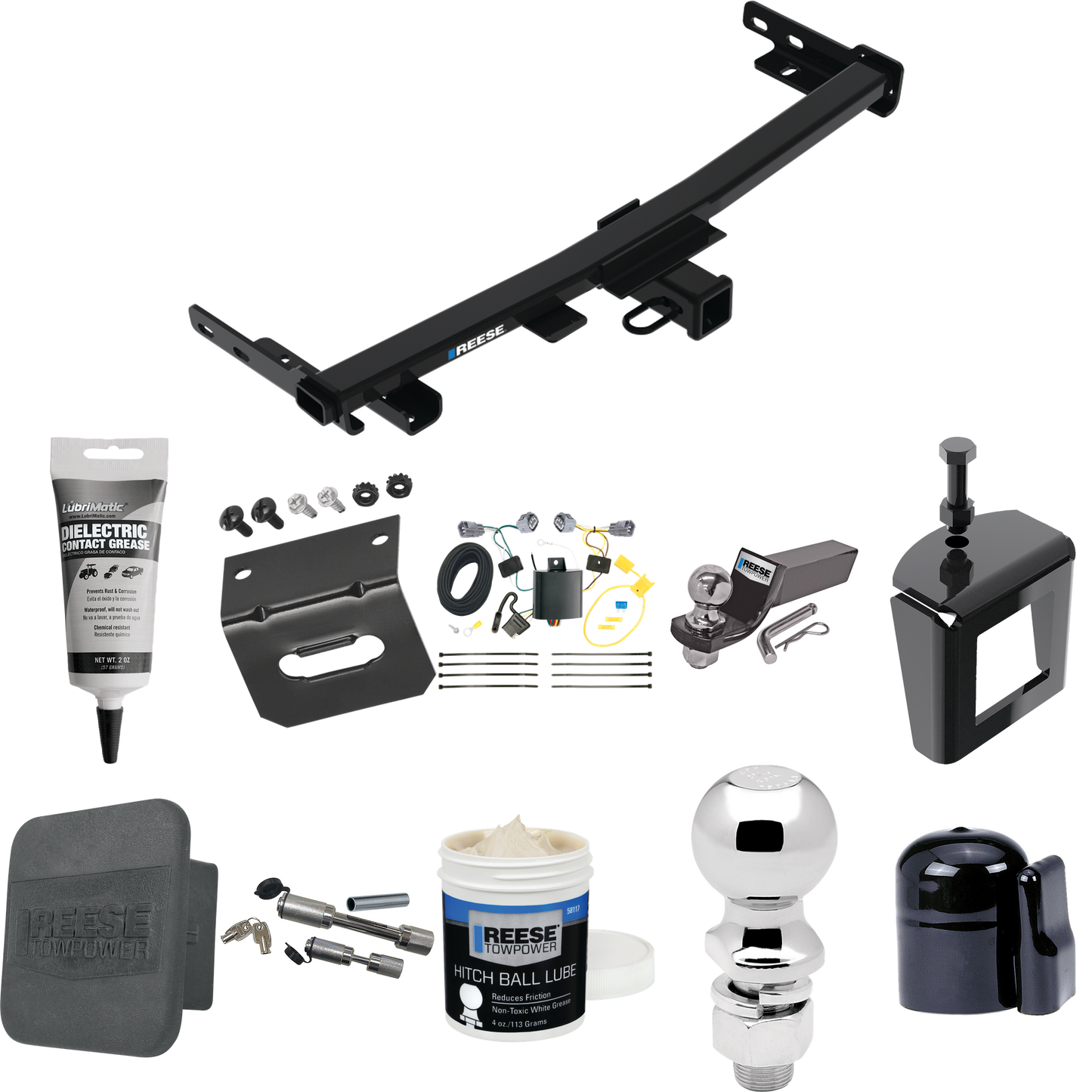 Fits 2014-2018 Jeep Cherokee Trailer Hitch Tow PKG w/ 4-Flat Wiring + Starter Kit Ball Mount w/ 2" Drop & 2" Ball + 2-5/16" Ball + Wiring Bracket + Dual Hitch & Coupler Locks + Hitch Cover + Wiring Tester + Ball Lube +Electric Grease + Ball Wrench +