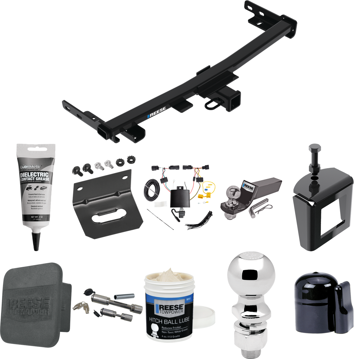 Fits 2019-2023 Jeep Cherokee Trailer Hitch Tow PKG w/ 4-Flat Wiring + Starter Kit Ball Mount w/ 2" Drop & 2" Ball + 2-5/16" Ball + Wiring Bracket + Dual Hitch & Coupler Locks + Hitch Cover + Wiring Tester + Ball Lube +Electric Grease + Ball Wrench +