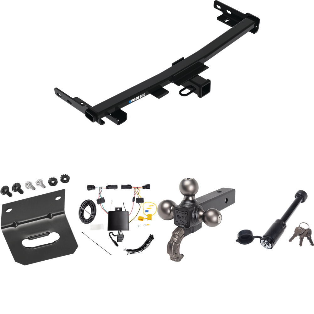 Fits 2019-2023 Jeep Cherokee Trailer Hitch Tow PKG w/ 4-Flat Wiring + Triple Ball Tactical Ball Mount 1-7/8" & 2" & 2-5/16" Balls w/ Tow Hook + Tactical Dogbone Lock + Wiring Bracket (For Trailhawk Models) By Reese Towpower