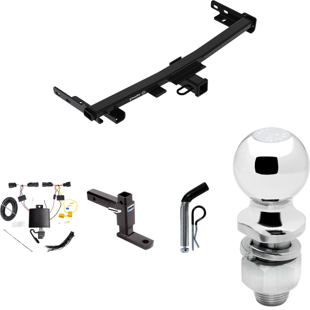 Fits 2019-2023 Jeep Cherokee Trailer Hitch Tow PKG w/ 4-Flat Wiring Harness + Adjustable Drop Rise Ball Mount + Pin/Clip + 2" Ball (For Trailhawk Models) By Draw-Tite