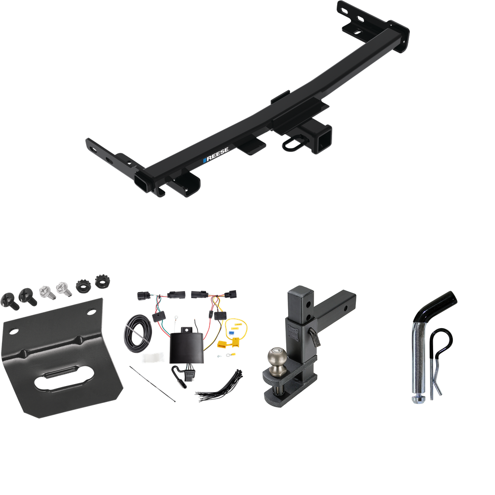 Se adapta al paquete de enganche de remolque Jeep Cherokee 2019-2023 con arnés de cableado de 4 planos + soporte de bola de enganche de elevación ajustable con bola de 2" + pasador/clip + soporte de cableado (para modelos Trailhawk) de Reese Towpower