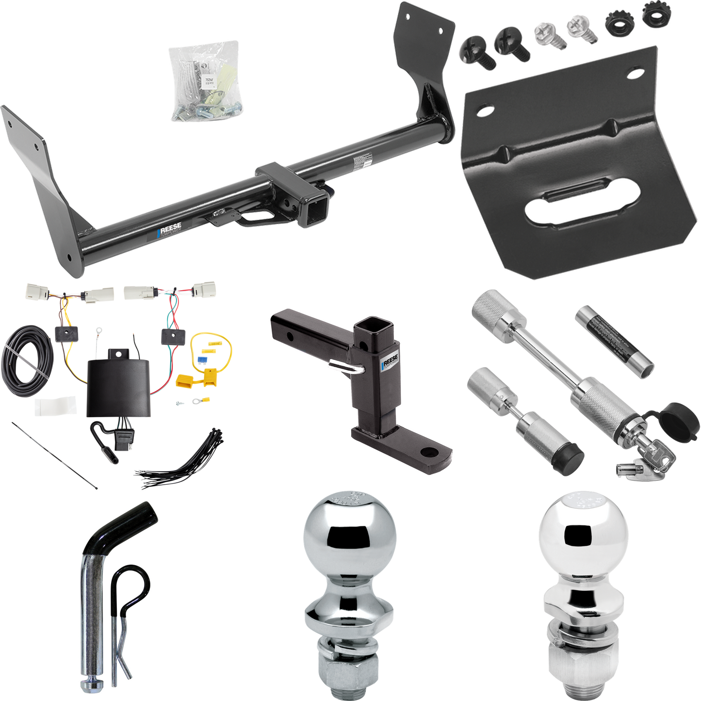 Fits 2019-2023 Ford Edge Trailer Hitch Tow PKG w/ 4-Flat Wiring Harness + Adjustable Drop Rise Ball Mount + Pin/Clip + 2" Ball + 1-7/8" Ball + Dual Hitch & Coupler Locks (Excludes: Titanium Models) By Reese Towpower