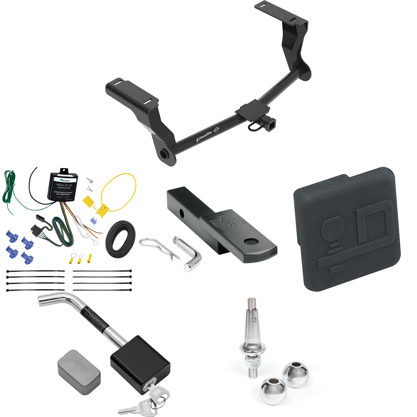 Fits 2016-2023 Subaru Crosstrek Trailer Hitch Tow PKG w/ 4-Flat Wiring Harness + Draw-Bar + Interchangeable 1-7/8" & 2" Balls + Hitch Cover + Hitch Lock (For Hybrid Models) By Draw-Tite