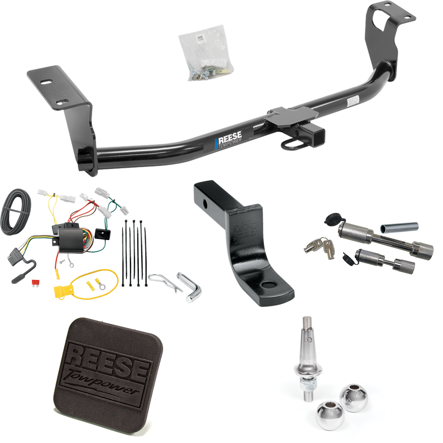 Fits 2014-2019 Toyota Corolla Trailer Hitch Tow PKG w/ 4-Flat Wiring Harness + Draw-Bar + Interchangeable 1-7/8" & 2" Balls + Hitch Cover + Dual Hitch & Coupler Locks (Excludes: Hatchback Models) By Reese Towpower