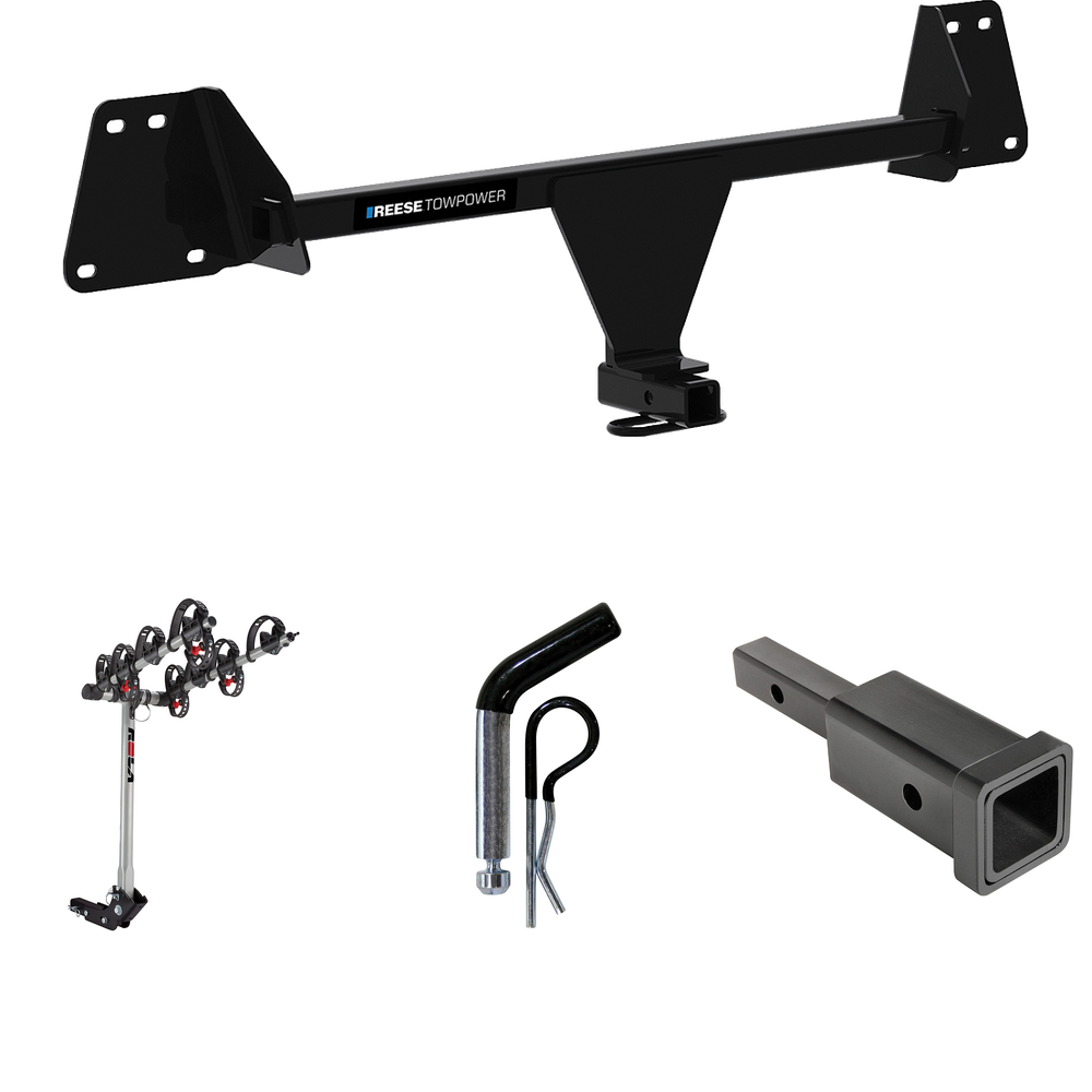 Fits 2019-2022 Toyota Corolla Trailer Hitch Tow PKG w/ Hitch Adapter 1-1/4" to 2" Receiver + 1/2" Pin & Clip + 4 Bike Carrier Rack (For Hatchback Models) By Reese Towpower