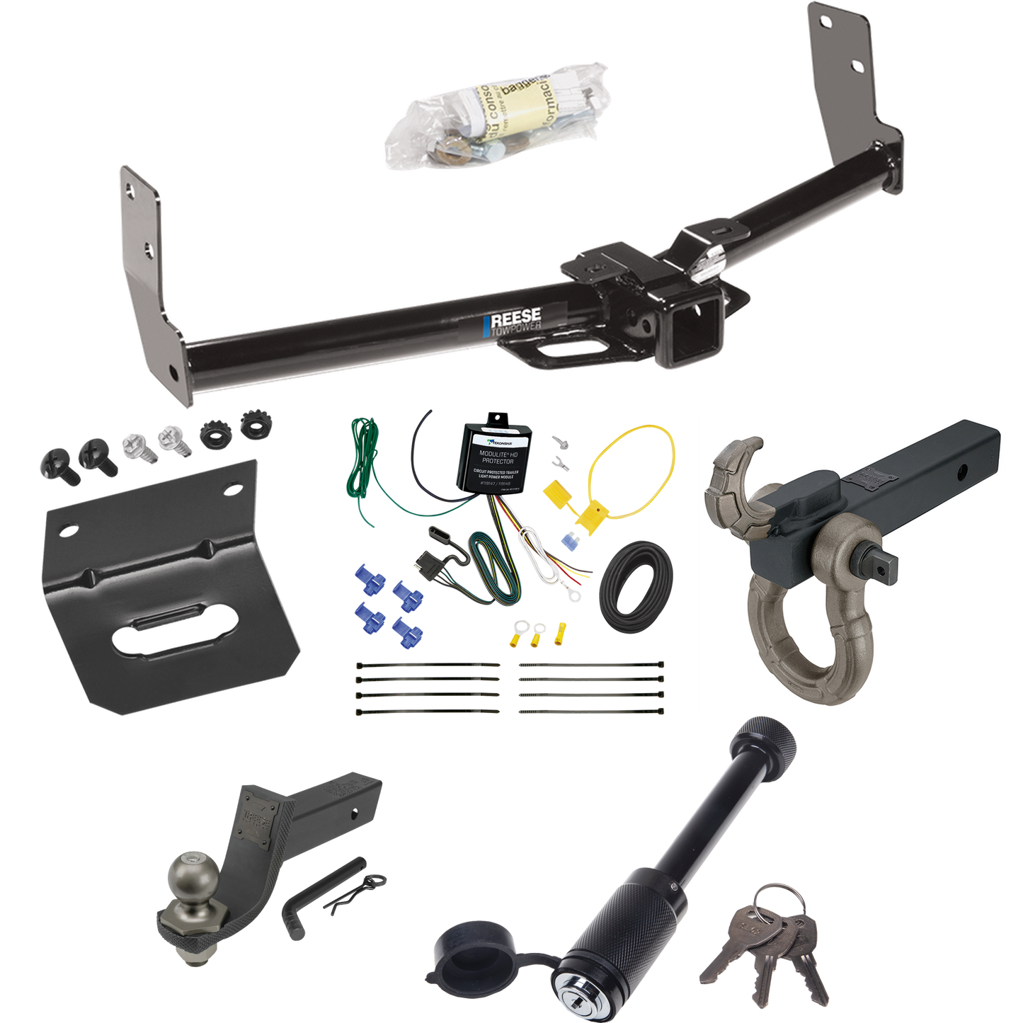 Fits 2010-2016 Cadillac SRX Trailer Hitch Tow PKG w/ 4-Flat Wiring + Interlock Tactical Starter Kit w/ 3-1/4" Drop & 2" Ball + Tactical Hook & Shackle Mount + Tactical Dogbone Lock + Wiring Bracket By Reese Towpower