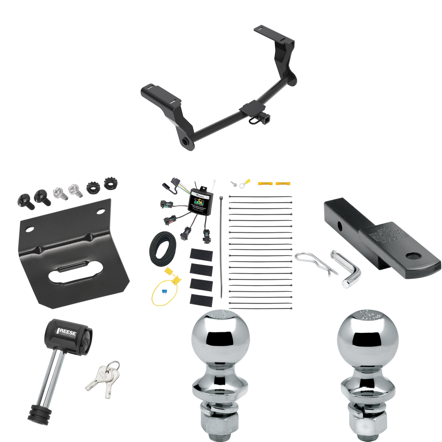 Fits 2016-2023 Subaru Crosstrek Trailer Hitch Tow PKG w/ 4-Flat Zero Contact "No Splice" Wiring Harness + Draw-Bar + 1-7/8" + 2" Ball + Wiring Bracket + Hitch Lock (For Hybrid Models) By Reese Towpower