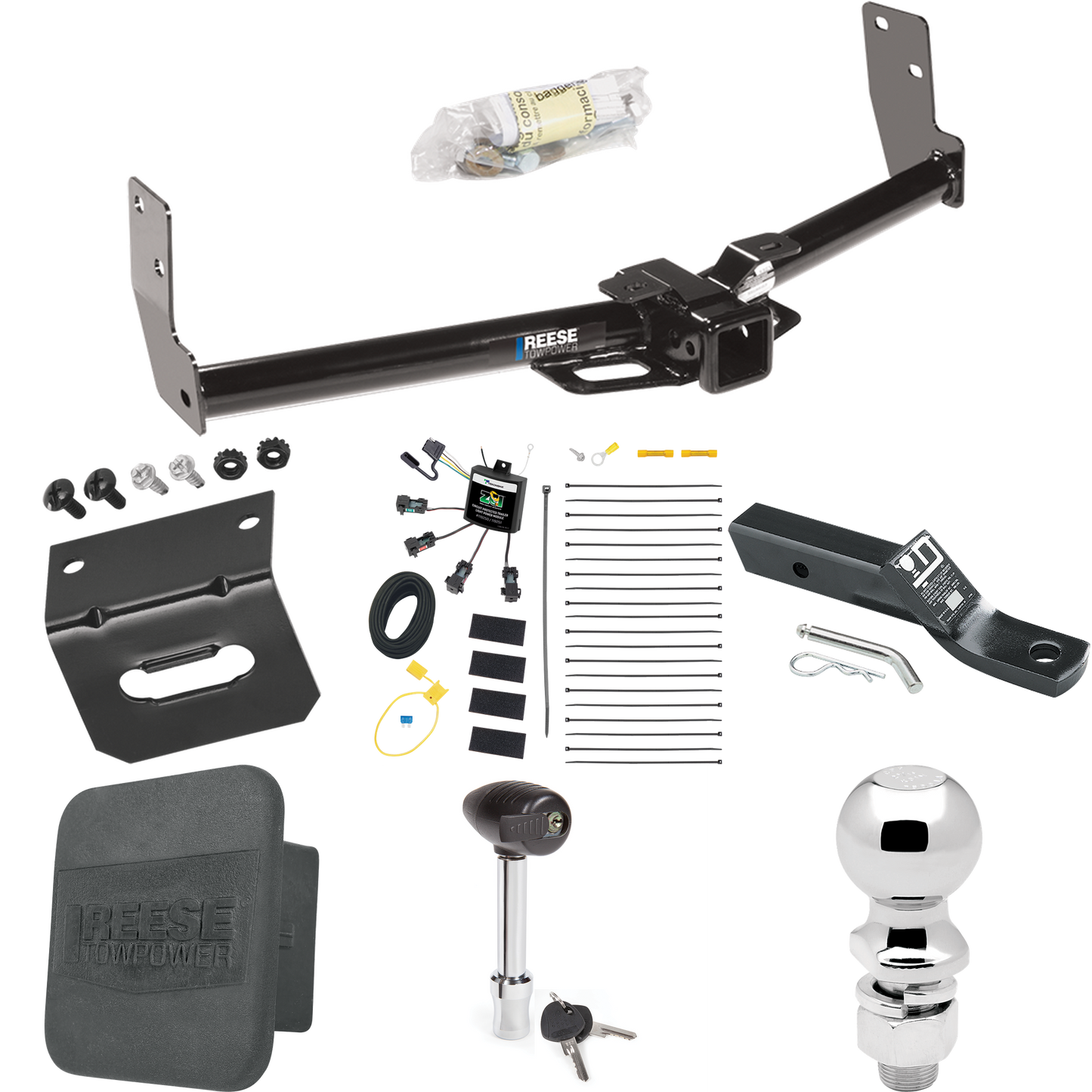 Fits 2010-2016 Cadillac SRX Trailer Hitch Tow PKG w/ 4-Flat Zero Contact "No Splice" Wiring + Ball Mount w/ 2" Drop + 2-5/16" Ball + Wiring Bracket + Hitch Lock + Hitch Cover By Reese Towpower