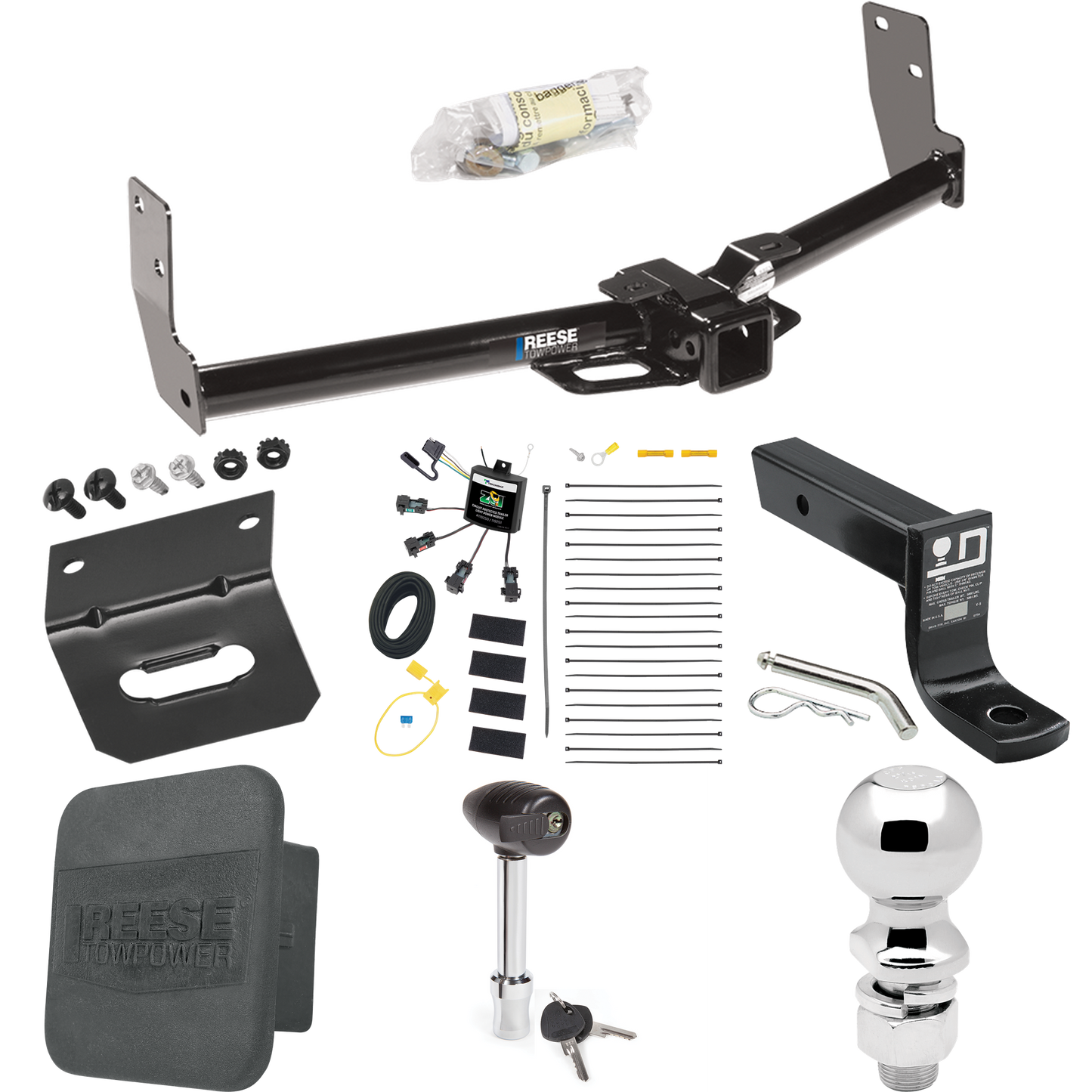 Fits 2010-2016 Cadillac SRX Trailer Hitch Tow PKG w/ 4-Flat Zero Contact "No Splice" Wiring + Ball Mount w/ 4" Drop + 2-5/16" Ball + Wiring Bracket + Hitch Lock + Hitch Cover By Reese Towpower