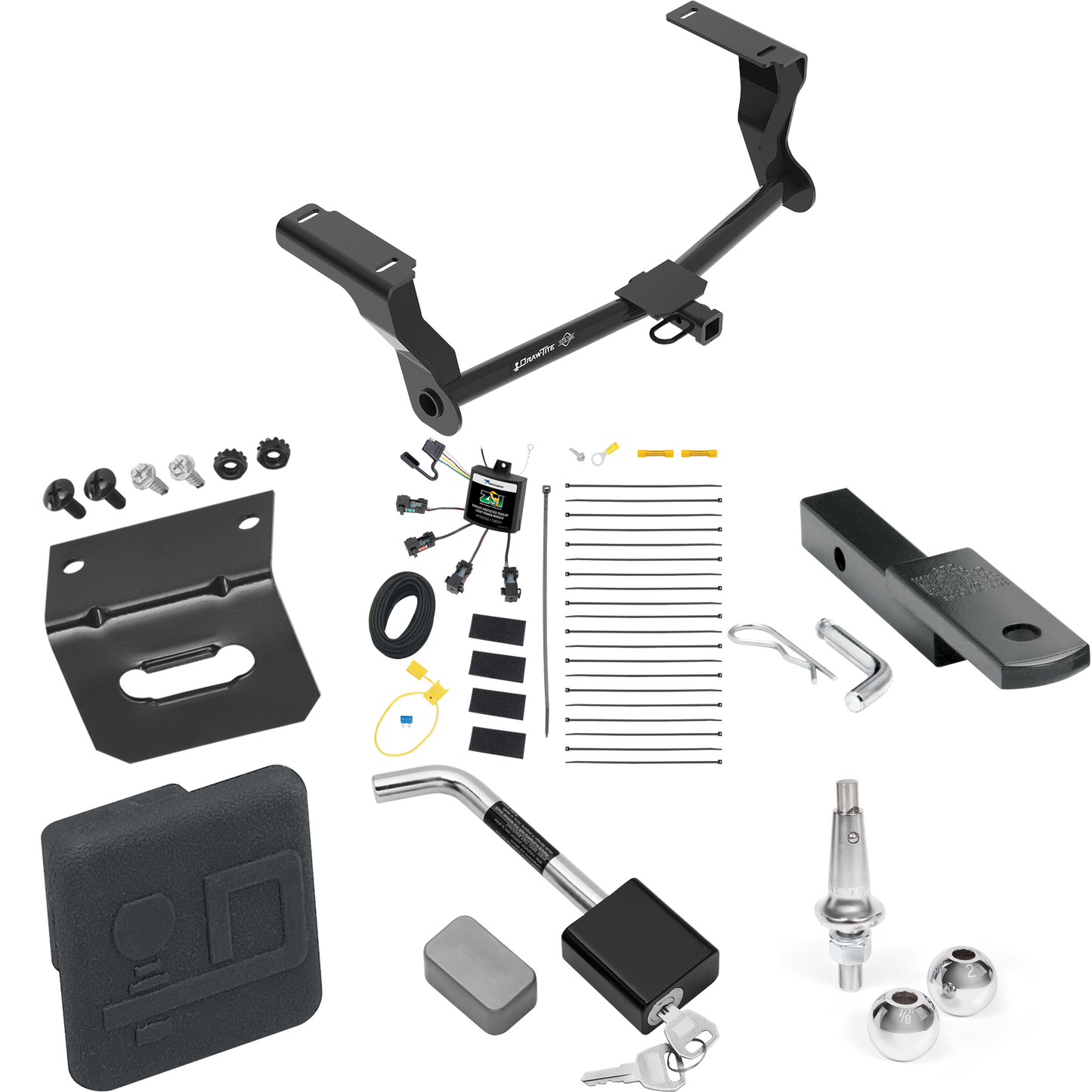 Fits 2016-2023 Subaru Crosstrek Trailer Hitch Tow PKG w/ 4-Flat Zero Contact "No Splice" Wiring Harness + Draw-Bar + Interchangeable 1-7/8" & 2" Balls + Wiring Bracket + Hitch Cover + Hitch Lock (For Hybrid Models) By Draw-Tite