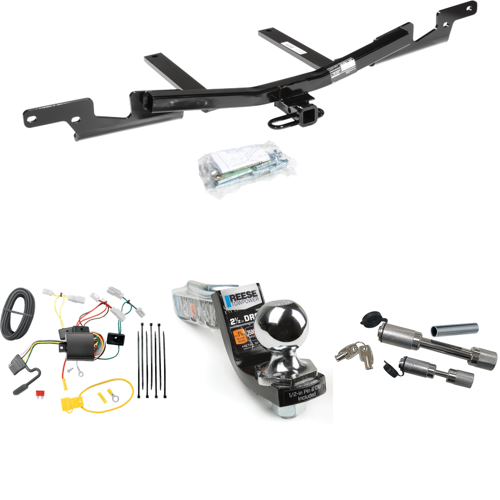 Fits 2007-2009 Toyota Camry Trailer Hitch Tow PKG w/ 4-Flat Wiring Harness + Interlock Starter Kit w/ 2" Ball 2-1/2" Drop 2" Rise + Dual Hitch & Coupler Locks (For Sedan, Except Hybrid Models) By Draw-Tite