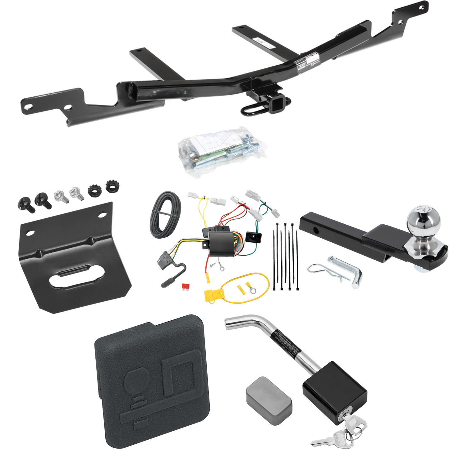 Fits 2007-2009 Toyota Camry Trailer Hitch Tow PKG w/ 4-Flat Wiring Harness + Interlock Starter Kit w/ 2" Ball 1-1/4" Drop 3/4" Rise + Wiring Bracket + Hitch Cover + Hitch Lock (For Sedan, Except Hybrid Models) By Draw-Tite