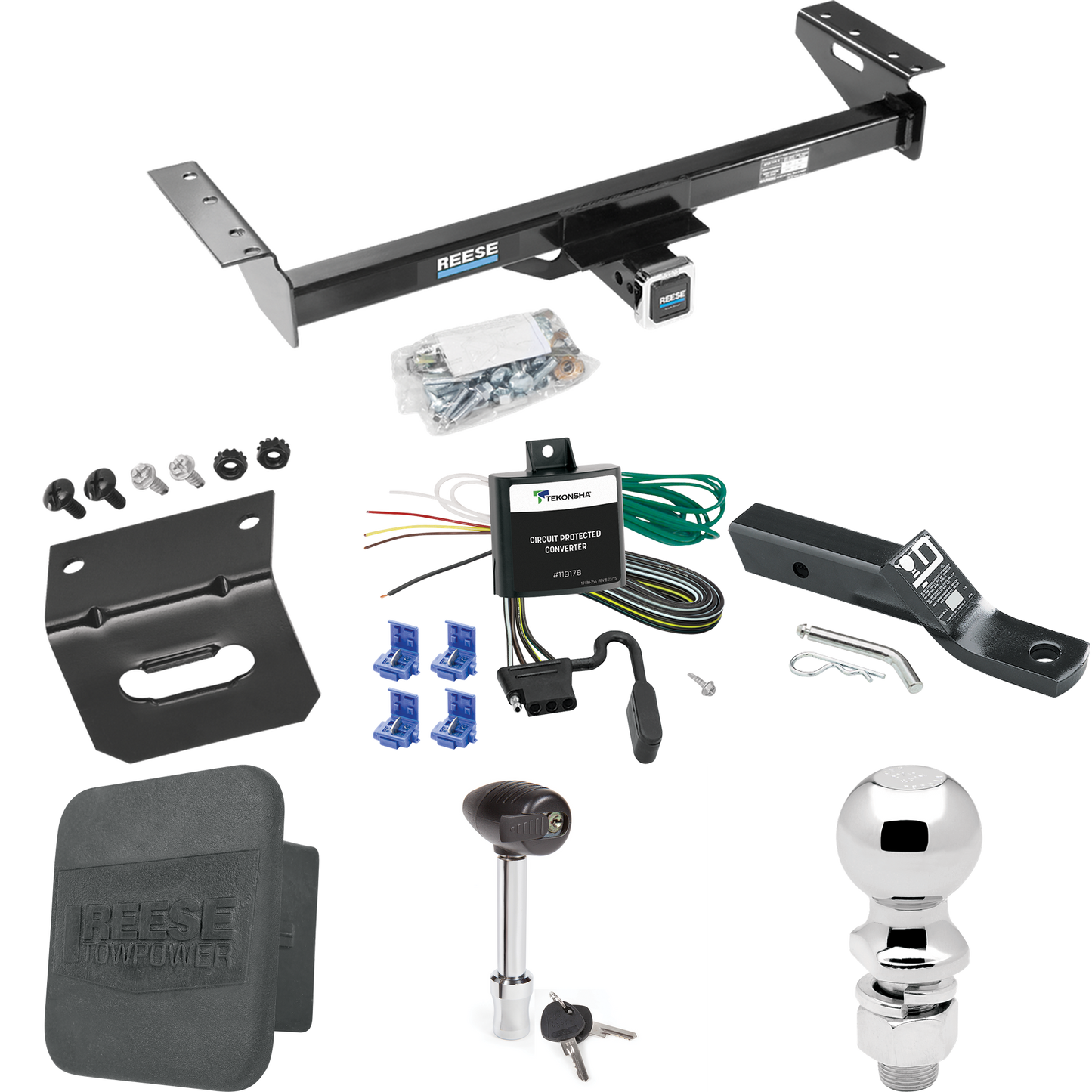 Fits 1984-1996 Jeep Cherokee Trailer Hitch Tow PKG w/ 4-Flat Wiring + Ball Mount w/ 2" Drop + 2-5/16" Ball + Wiring Bracket + Hitch Lock + Hitch Cover By Reese Towpower