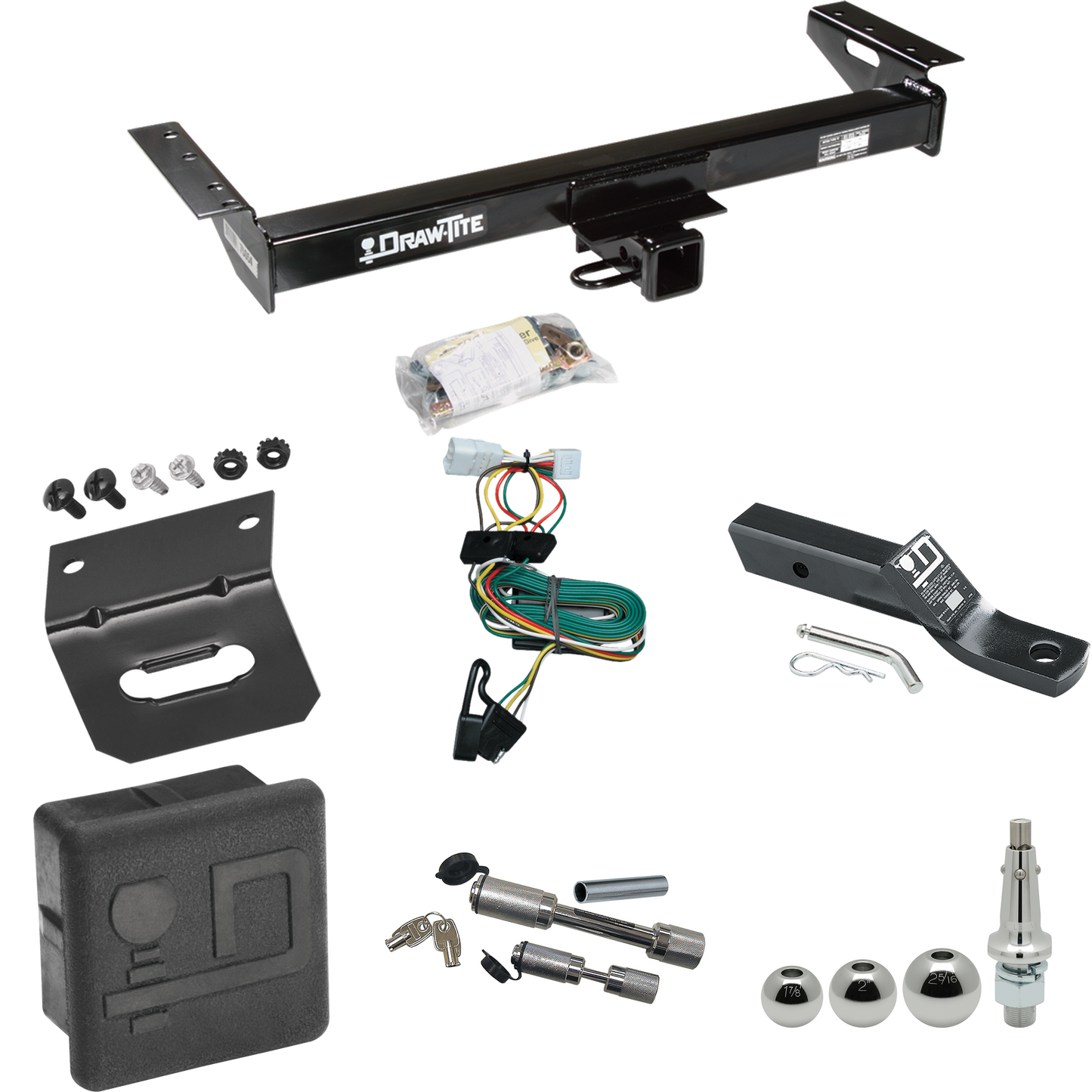 Fits 1997-2001 Jeep Cherokee Trailer Hitch Tow PKG w/ 4-Flat Wiring + Ball Mount w/ 2" Drop + Interchangeable Ball 1-7/8" & 2" & 2-5/16" + Wiring Bracket + Dual Hitch & Coupler Locks + Hitch Cover By Draw-Tite