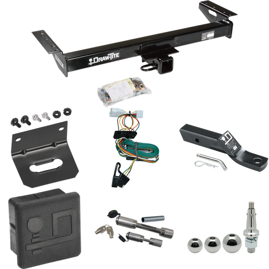 Fits 1997-2001 Jeep Cherokee Trailer Hitch Tow PKG w/ 4-Flat Wiring + Ball Mount w/ 2" Drop + Interchangeable Ball 1-7/8" & 2" & 2-5/16" + Wiring Bracket + Dual Hitch & Coupler Locks + Hitch Cover By Draw-Tite