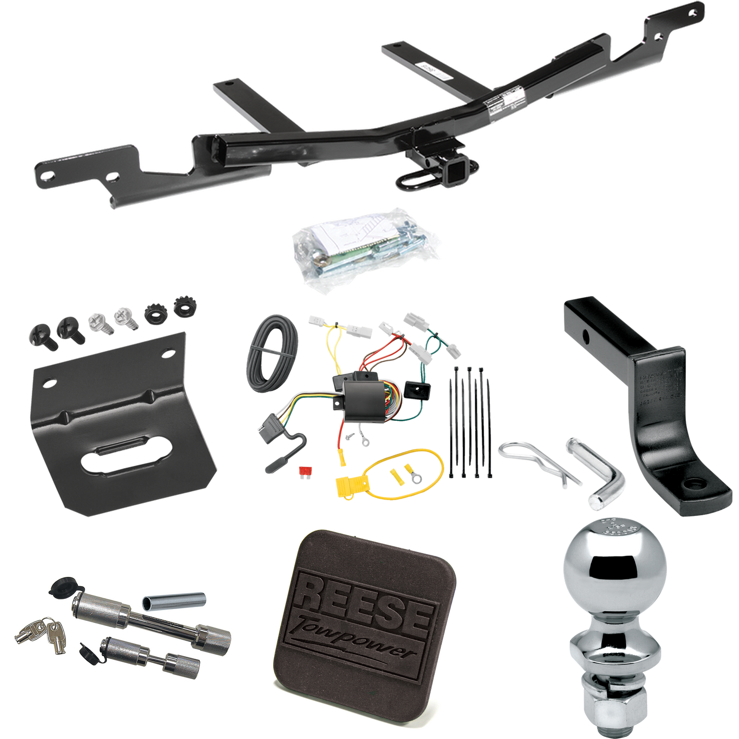 Fits 2007-2009 Toyota Camry Trailer Hitch Tow PKG w/ 4-Flat Wiring Harness + Draw-Bar + 2" Ball + Wiring Bracket + Hitch Cover + Dual Hitch & Coupler Locks (For Sedan, Except Hybrid Models) By Reese Towpower