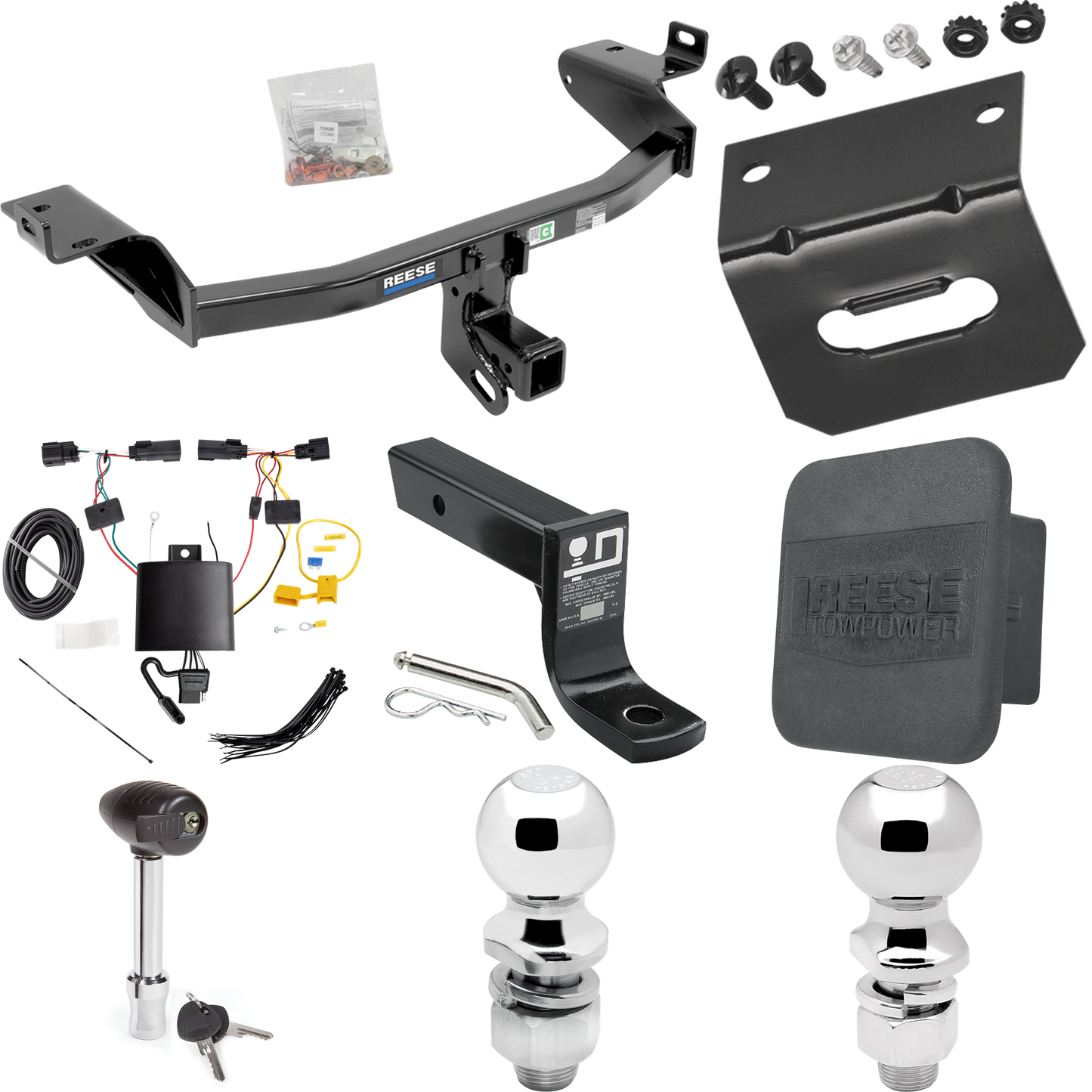 Fits 2019-2023 Jeep Cherokee Trailer Hitch Tow PKG w/ 4-Flat Wiring + Ball Mount w/ 4" Drop + 2" Ball + 2-5/16" Ball + Wiring Bracket + Hitch Lock + Hitch Cover By Reese Towpower