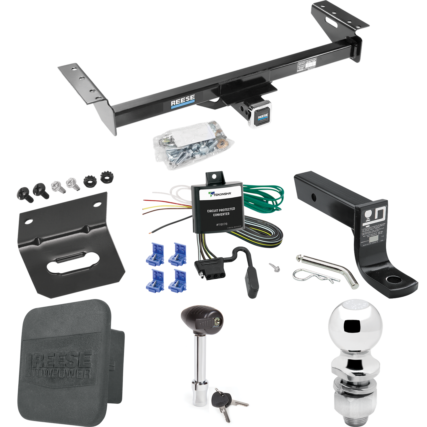 Se adapta al paquete de enganche de remolque Jeep Cherokee 1984-1996 con cableado plano de 4 + soporte de bola con caída de 4" + bola de 2" + soporte de cableado + bloqueo de enganche + cubierta de enganche de Reese Towpower