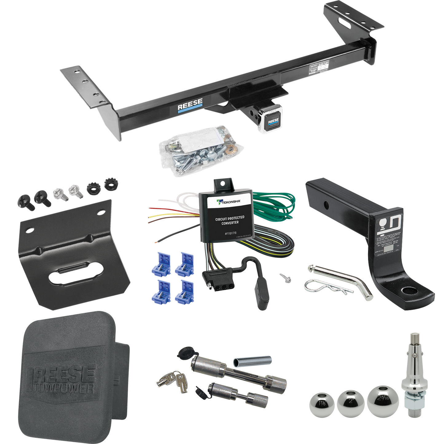 Fits 1984-1996 Jeep Cherokee Trailer Hitch Tow PKG w/ 4-Flat Wiring + Ball Mount w/ 4" Drop + Interchangeable Ball 1-7/8" & 2" & 2-5/16" + Wiring Bracket + Dual Hitch & Coupler Locks + Hitch Cover By Reese Towpower