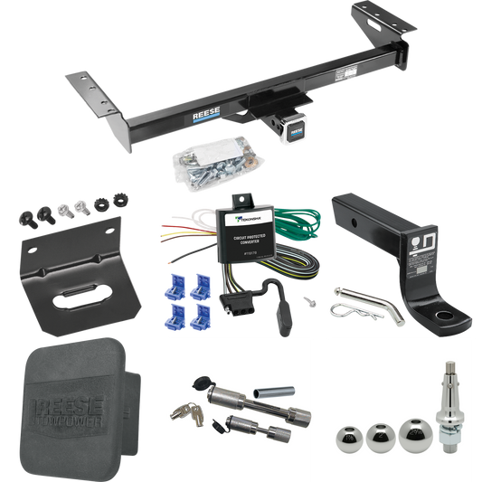 Fits 1984-1996 Jeep Cherokee Trailer Hitch Tow PKG w/ 4-Flat Wiring + Ball Mount w/ 4" Drop + Interchangeable Ball 1-7/8" & 2" & 2-5/16" + Wiring Bracket + Dual Hitch & Coupler Locks + Hitch Cover By Reese Towpower