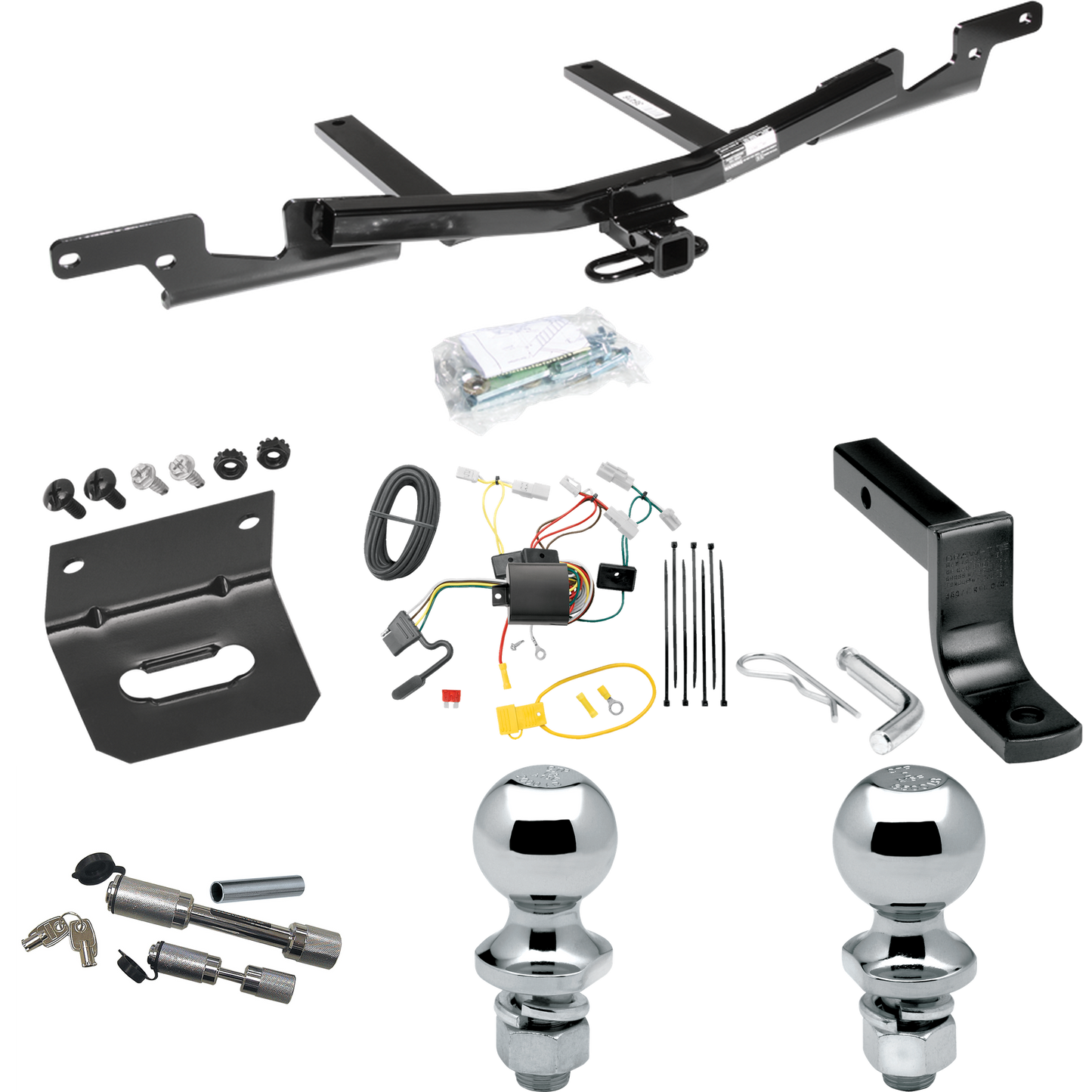 Fits 2007-2009 Toyota Camry Trailer Hitch Tow PKG w/ 4-Flat Wiring Harness + Draw-Bar + 1-7/8" + 2" Ball + Wiring Bracket + Dual Hitch & Coupler Locks (For Sedan, Except Hybrid Models) By Draw-Tite