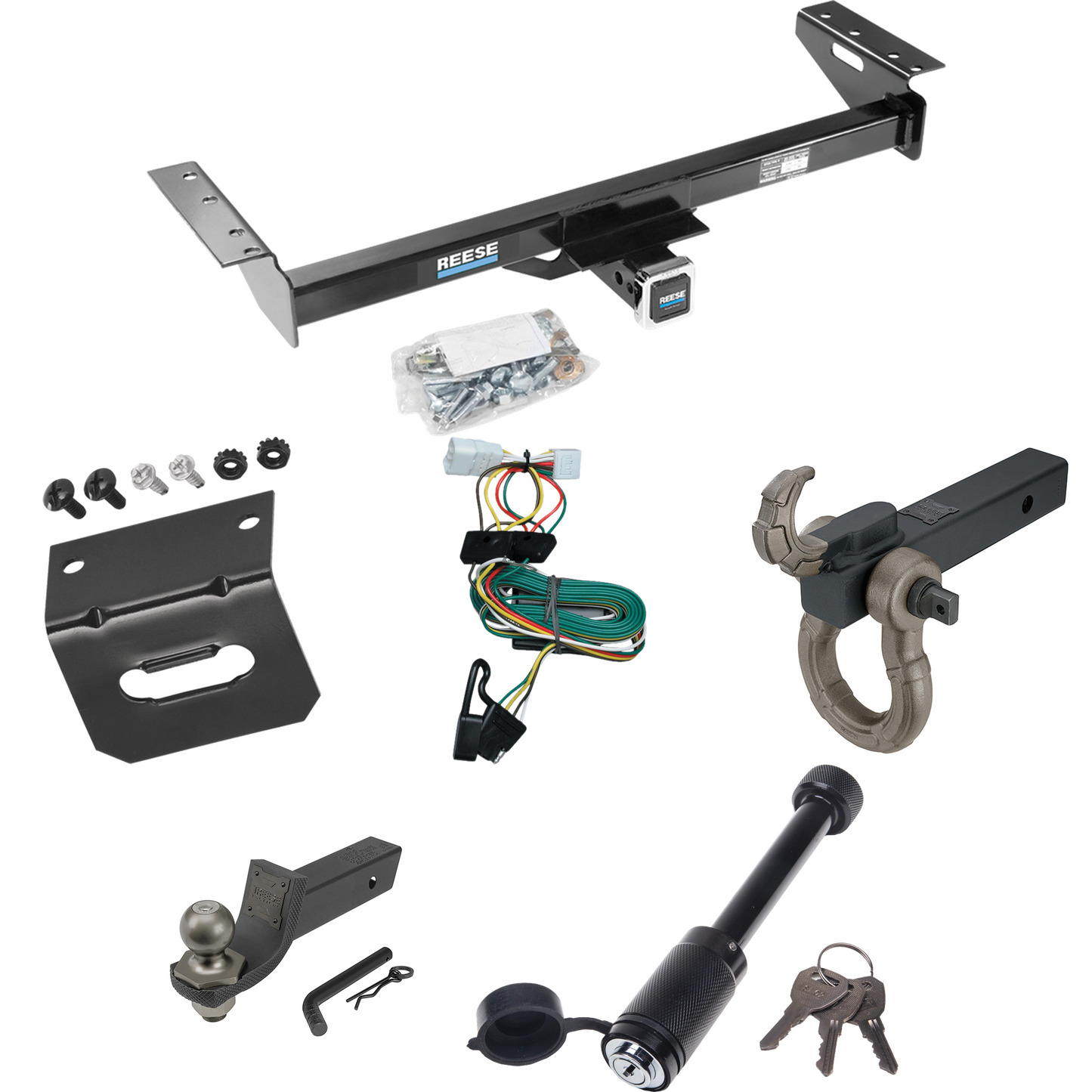 Fits 1997-2001 Jeep Cherokee Trailer Hitch Tow PKG w/ 4-Flat Wiring + Interlock Tactical Starter Kit w/ 2" Drop & 2" Ball + Tactical Hook & Shackle Mount + Tactical Dogbone Lock + Wiring Bracket By Reese Towpower