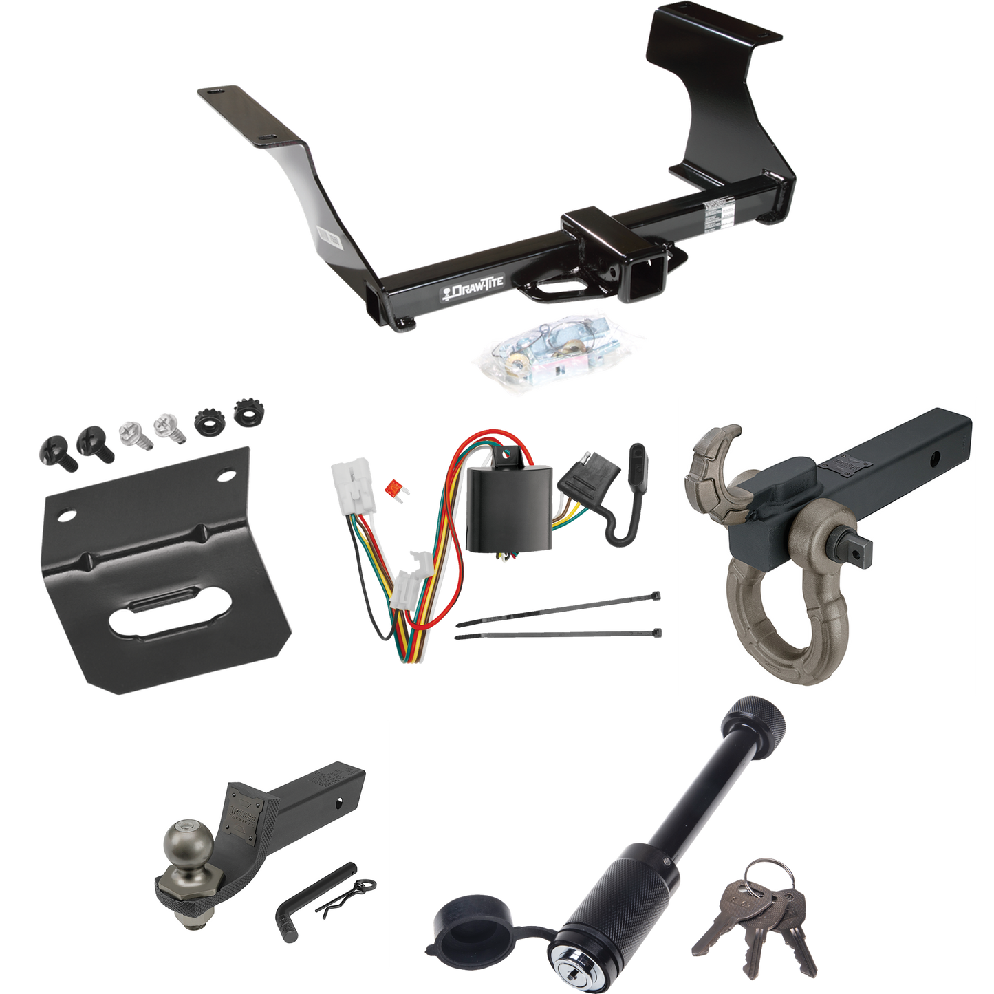 Fits 2009-2013 Subaru Forester Trailer Hitch Tow PKG w/ 4-Flat Wiring + Interlock Tactical Starter Kit w/ 2" Drop & 2" Ball + Tactical Hook & Shackle Mount + Tactical Dogbone Lock + Wiring Bracket By Draw-Tite