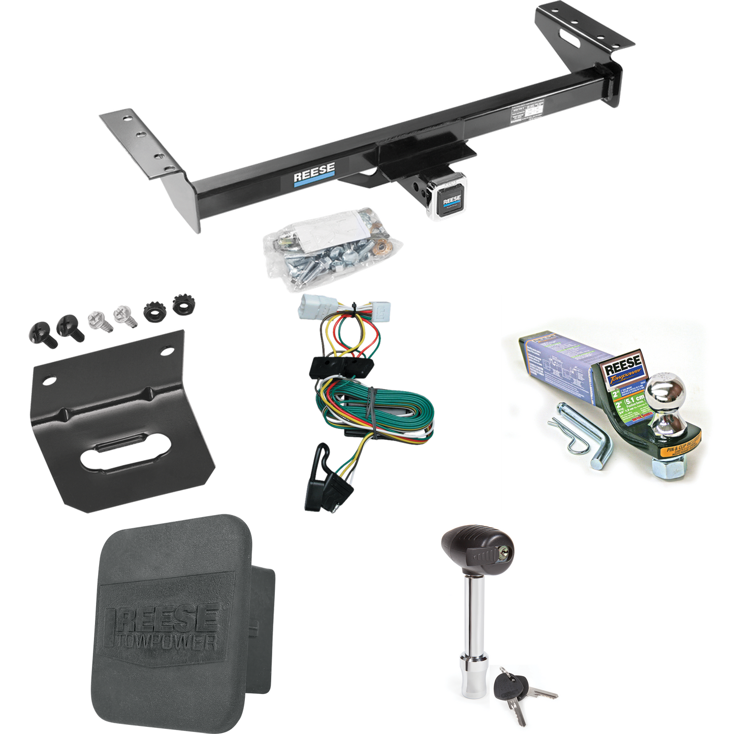 Fits 1997-2001 Jeep Cherokee Trailer Hitch Tow PKG w/ 4-Flat Wiring + Starter Kit Ball Mount w/ 2" Drop & 1-7/8" Ball + Wiring Bracket + Hitch Lock + Hitch Cover By Reese Towpower