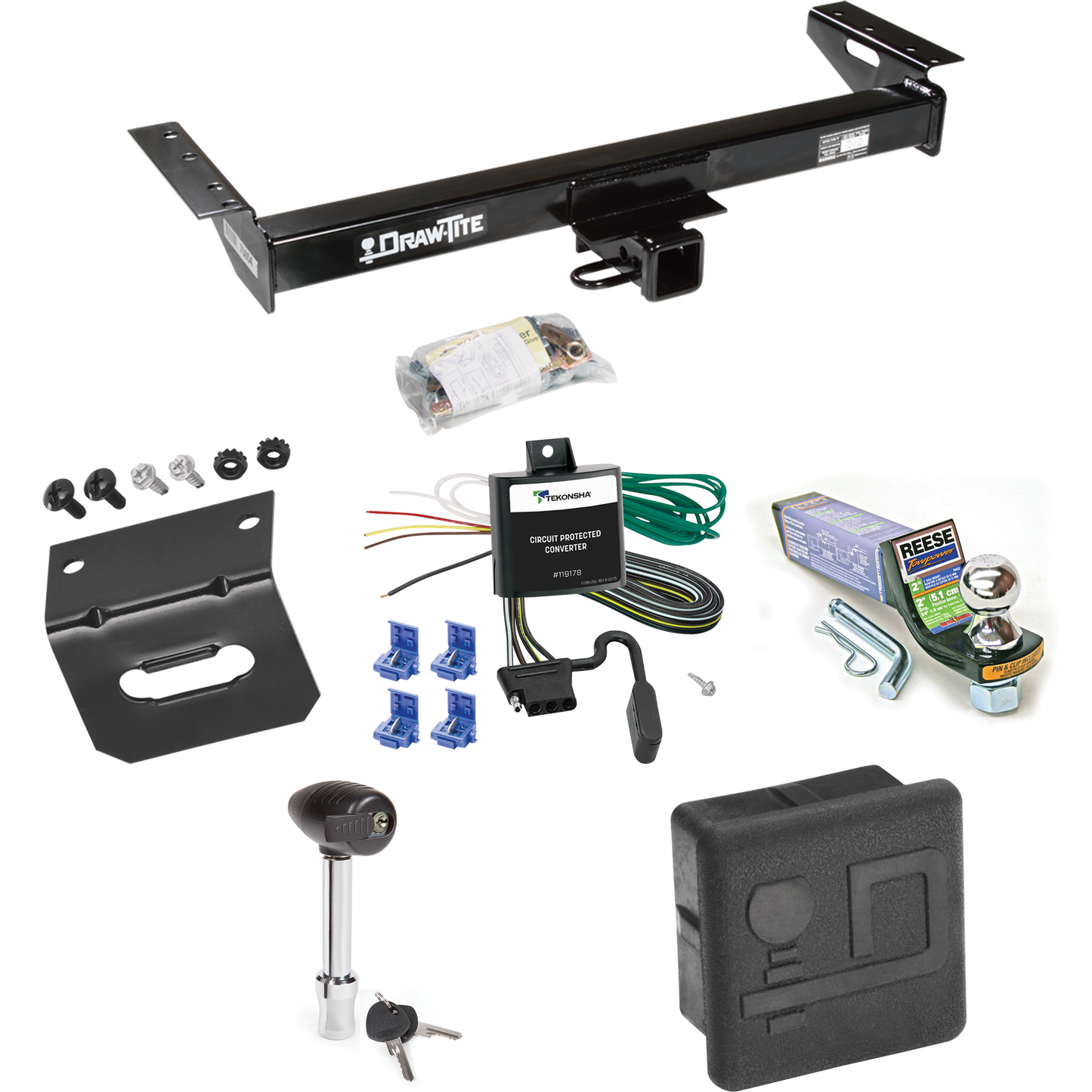 Se adapta al paquete de enganche de remolque Jeep Cherokee 1984-1996 con cableado plano de 4 + kit de montaje de bola de inicio con caída de 2" y bola de 1-7/8" + soporte de cableado + bloqueo de enganche + cubierta de enganche de Draw-Tite