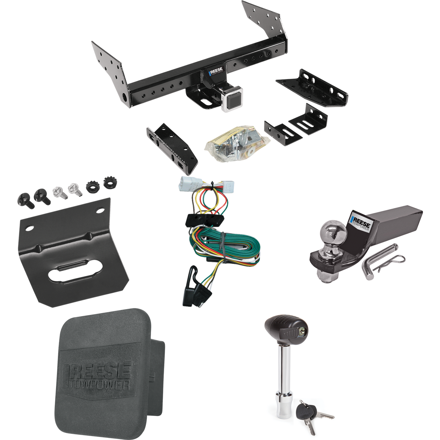 Fits 1997-2001 Jeep Cherokee Trailer Hitch Tow PKG w/ 4-Flat Wiring + Starter Kit Ball Mount w/ 2" Drop & 2" Ball + 1-7/8" Ball + Wiring Bracket + Hitch Lock + Hitch Cover By Reese Towpower