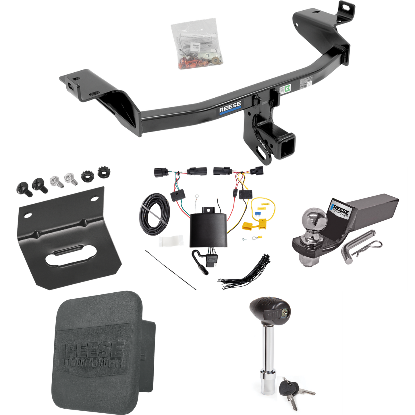 Fits 2019-2023 Jeep Cherokee Trailer Hitch Tow PKG w/ 4-Flat Wiring + Starter Kit Ball Mount w/ 2" Drop & 2" Ball + 1-7/8" Ball + Wiring Bracket + Hitch Lock + Hitch Cover By Reese Towpower