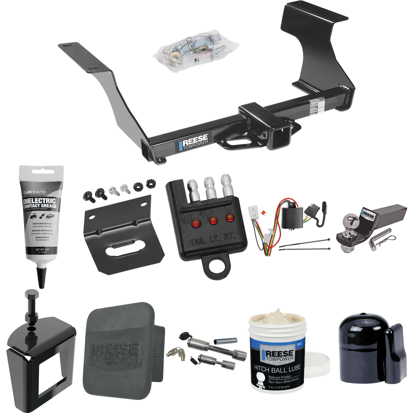 Fits 2009-2013 Subaru Forester Trailer Hitch Tow PKG w/ 4-Flat Wiring + Starter Kit Ball Mount w/ 2" Drop & 2" Ball + 1-7/8" Ball + Wiring Bracket + Dual Hitch & Coupler Locks + Hitch Cover + Wiring Tester + Ball Lube + Electric Grease + Ball Wrench