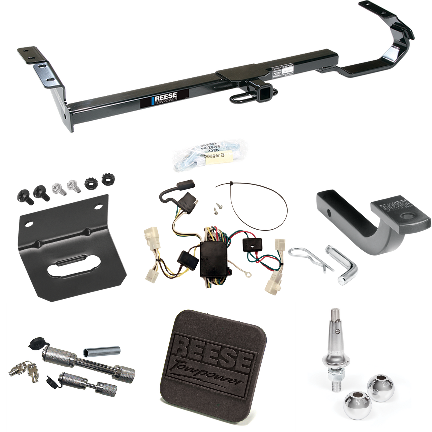 Fits 2002-2006 Toyota Camry Trailer Hitch Tow PKG w/ 4-Flat Wiring Harness + Draw-Bar + Interchangeable 1-7/8" & 2" Balls + Wiring Bracket + Hitch Cover + Dual Hitch & Coupler Locks (For Sedan Models) By Reese Towpower