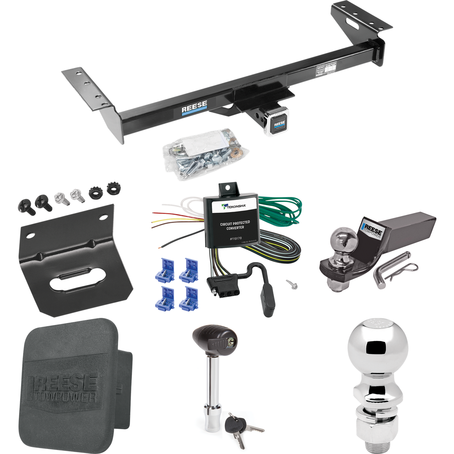 Fits 1984-1990 Jeep Wagoneer Trailer Hitch Tow PKG w/ 4-Flat Wiring + Starter Kit Ball Mount w/ 2" Drop & 2" Ball + 2-5/16" Ball + Wiring Bracket + Hitch Lock + Hitch Cover By Reese Towpower