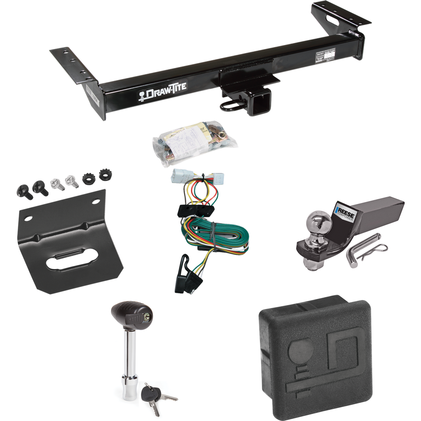 Se adapta al paquete de enganche de remolque Jeep Cherokee 1997-2001 con cableado plano de 4 + kit de montaje de bola de inicio con caída de 2" y bola de 2" + soporte de cableado + bloqueo de enganche + cubierta de enganche de Draw-Tite