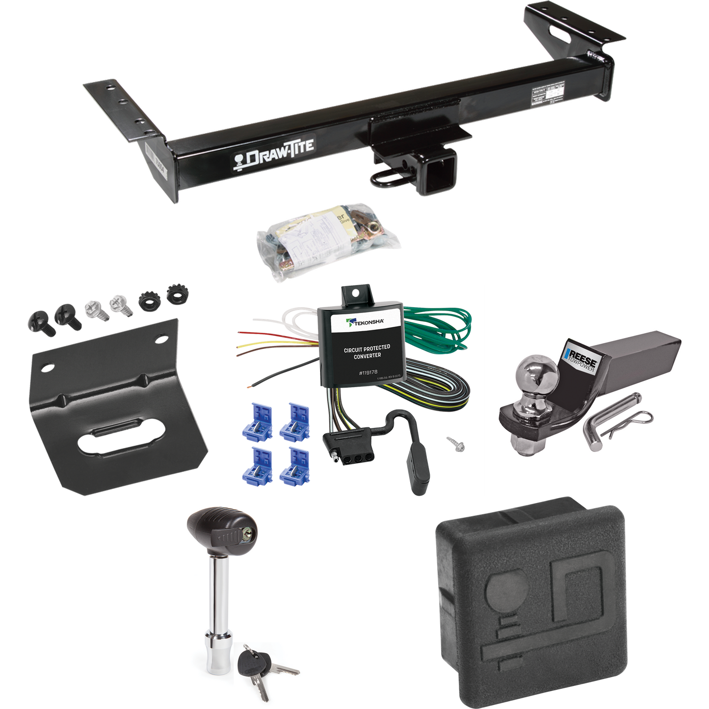 Fits 1984-1996 Jeep Cherokee Trailer Hitch Tow PKG w/ 4-Flat Wiring + Starter Kit Ball Mount w/ 2" Drop & 2" Ball + Wiring Bracket + Hitch Lock + Hitch Cover By Draw-Tite