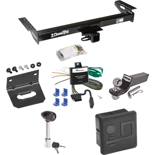 Fits 1984-1996 Jeep Cherokee Trailer Hitch Tow PKG w/ 4-Flat Wiring + Starter Kit Ball Mount w/ 2" Drop & 2" Ball + Wiring Bracket + Hitch Lock + Hitch Cover By Draw-Tite