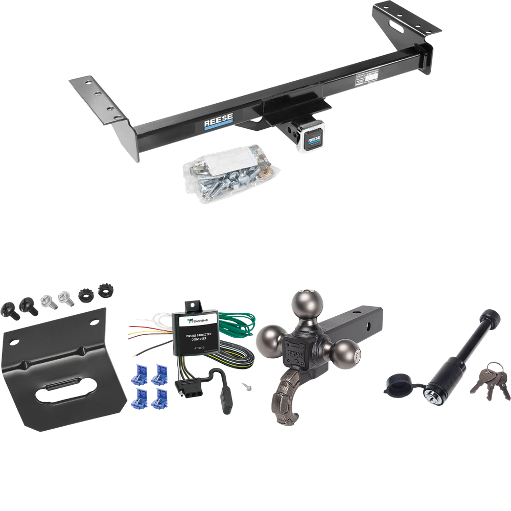 Fits 1984-1996 Jeep Cherokee Trailer Hitch Tow PKG w/ 4-Flat Wiring + Triple Ball Tactical Ball Mount 1-7/8" & 2" & 2-5/16" Balls w/ Tow Hook + Tactical Dogbone Lock + Wiring Bracket By Reese Towpower