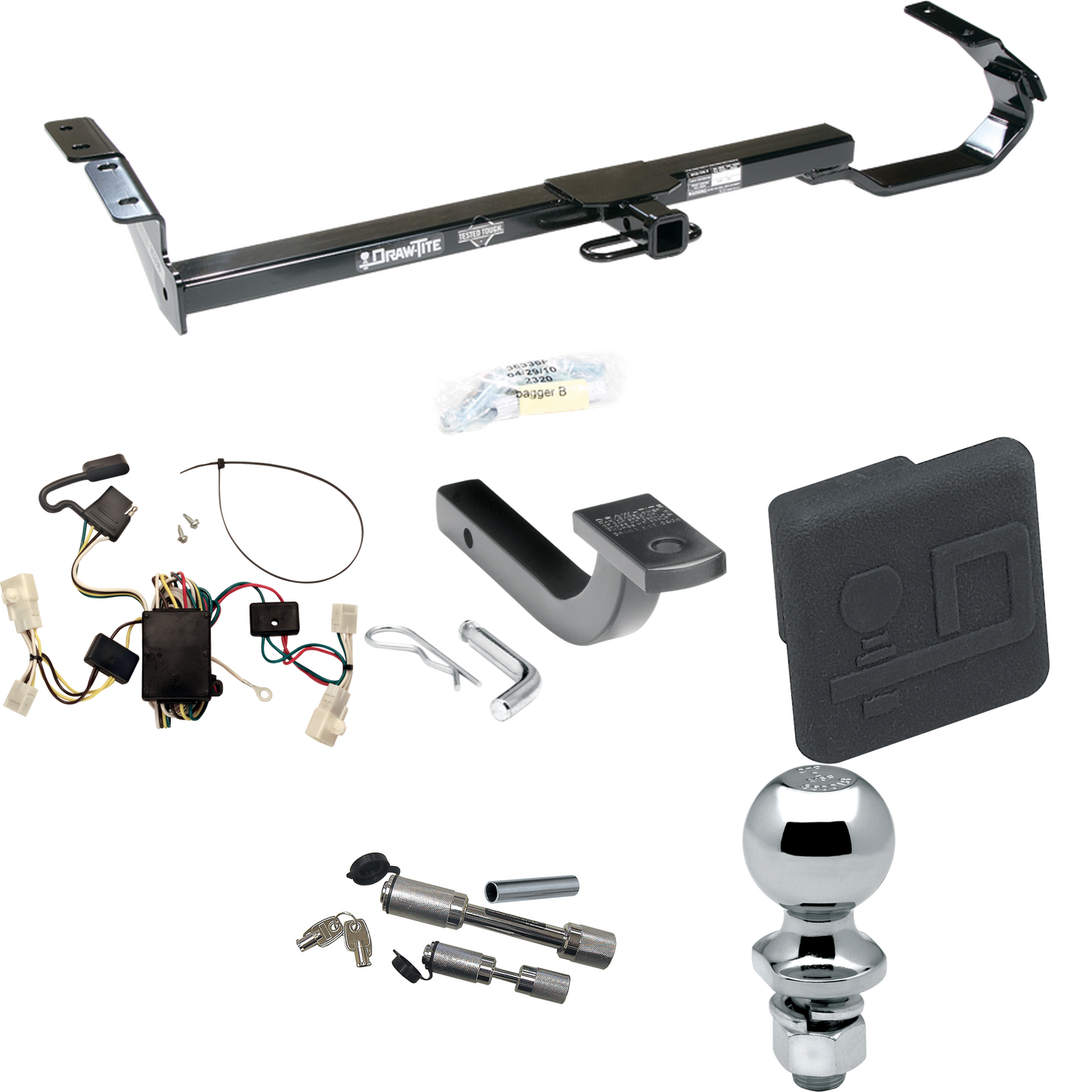 Fits 2002-2006 Toyota Camry Trailer Hitch Tow PKG w/ 4-Flat Wiring Harness + Draw-Bar + 2" Ball + Hitch Cover + Dual Hitch & Coupler Locks (For Sedan Models) By Draw-Tite