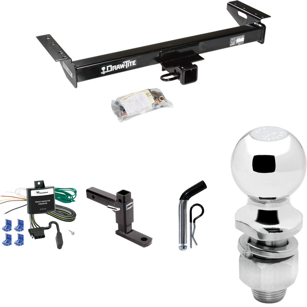 Fits 1984-1996 Jeep Cherokee Trailer Hitch Tow PKG w/ 4-Flat Wiring Harness + Adjustable Drop Rise Ball Mount + Pin/Clip + 2" Ball By Draw-Tite