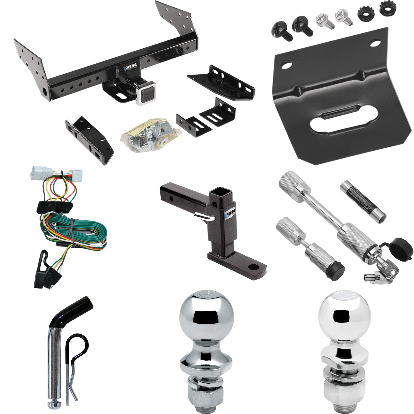 Fits 1997-2001 Jeep Cherokee Trailer Hitch Tow PKG w/ 4-Flat Wiring Harness + Adjustable Drop Rise Ball Mount + Pin/Clip + 2" Ball + 1-7/8" Ball + Dual Hitch & Coupler Locks By Reese Towpower