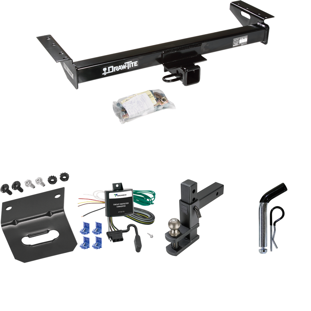 Fits 1984-1996 Jeep Cherokee Trailer Hitch Tow PKG w/ 4-Flat Wiring Harness + Adjustable Drop Rise Clevis Hitch Ball Mount w/ 2" Ball + Pin/Clip + Wiring Bracket By Draw-Tite