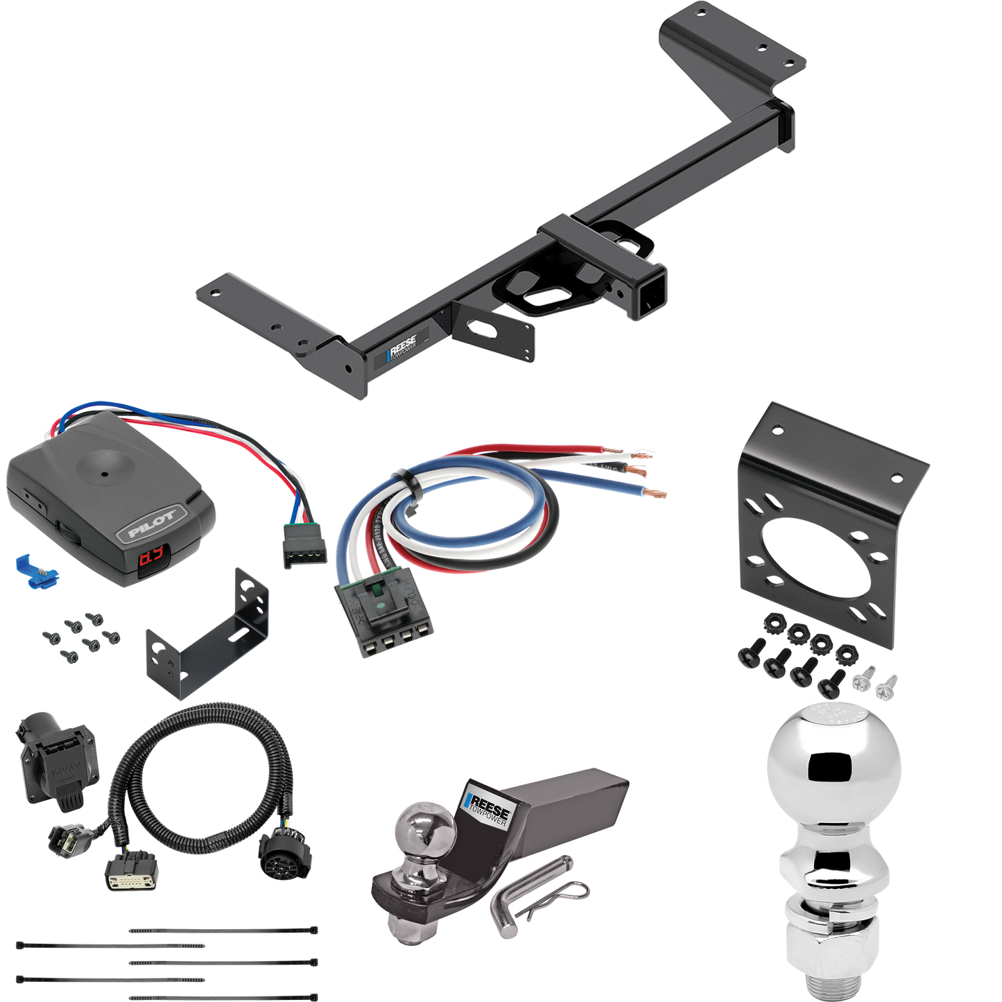 Fits 2017-2019 Cadillac XT5 Trailer Hitch Tow PKG w/ Pro Series Pilot Brake Control + Generic BC Wiring Adapter + 7-Way RV Wiring + 2" & 2-5/16" Ball & Drop Mount (Excludes: Platinum Models) By Reese Towpower