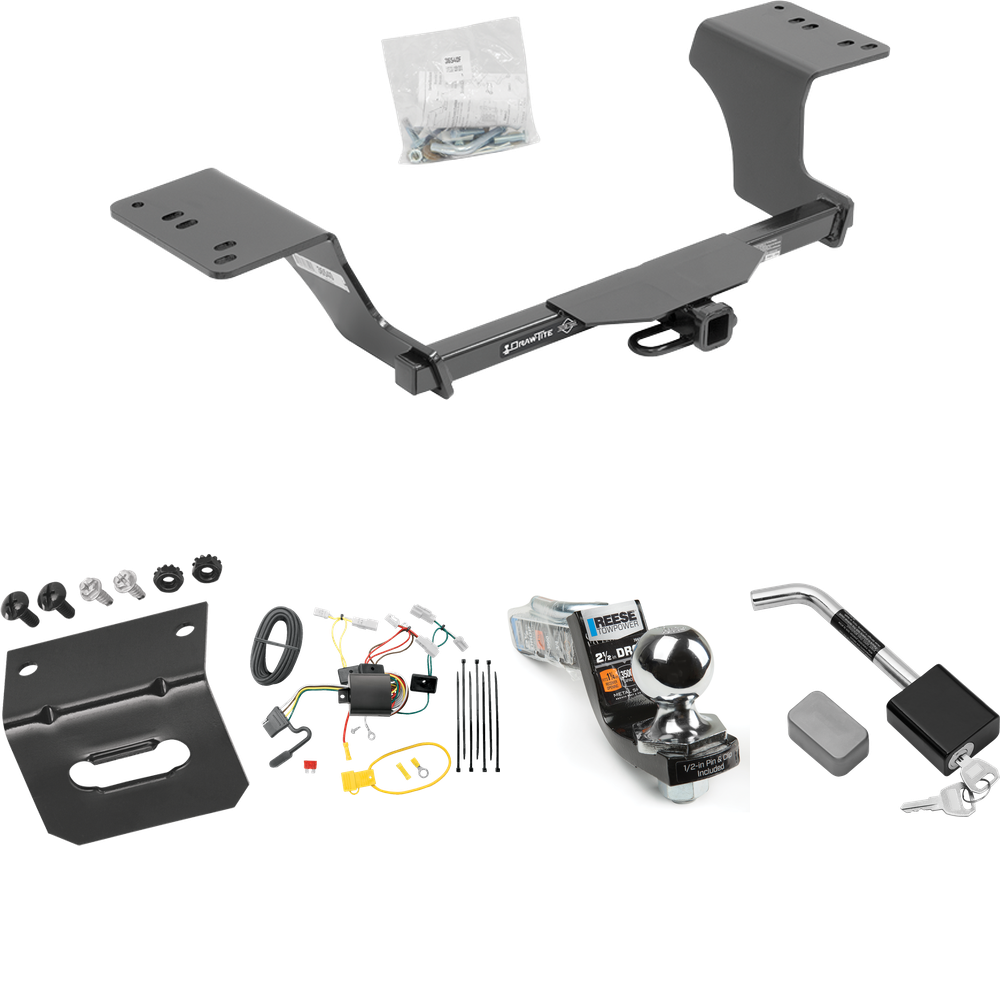 Fits 2012-2017 Toyota Camry Trailer Hitch Tow PKG w/ 4-Flat Wiring Harness + Interlock Starter Kit w/ 2" Ball 2-1/2" Drop 2" Rise + Wiring Bracket + Hitch Lock (Excludes: Hybrid Models) By Draw-Tite