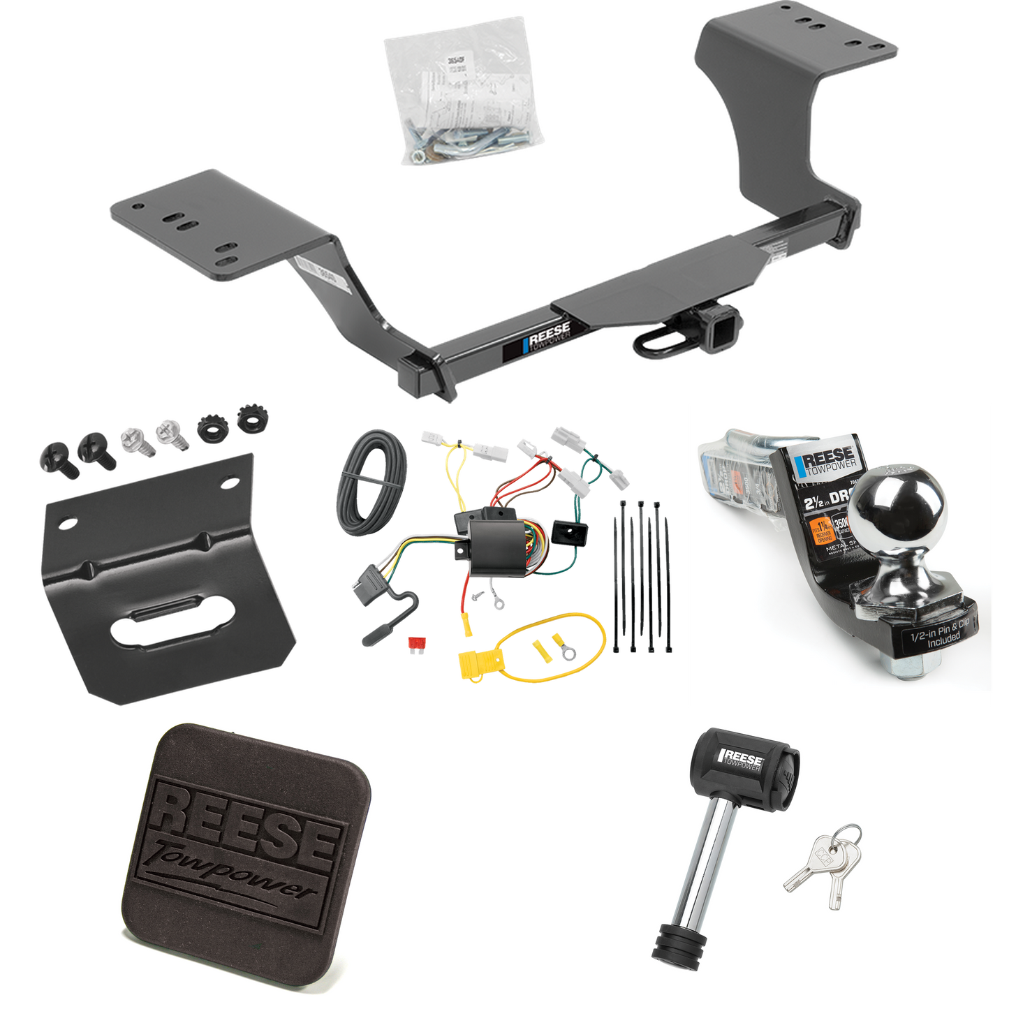 Fits 2012-2017 Toyota Camry Trailer Hitch Tow PKG w/ 4-Flat Wiring Harness + Interlock Starter Kit w/ 2" Ball 2-1/2" Drop 2" Rise + Wiring Bracket + Hitch Cover + Hitch Lock (Excludes: Hybrid Models) By Reese Towpower